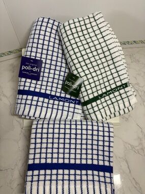 Set of 2 NWT + 1 Lamont Poli-Dri Grid Kitchen Towels - Blue/White; Green/White